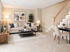 Hamilton apartment for rent - A living room with a beige couch, a black coffee table, a white chair, and a staircase.