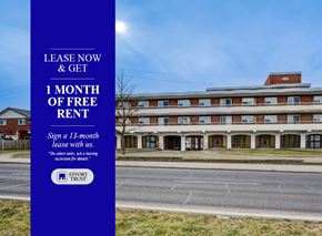 Hamilton apartment for rent - A blue and white advertisement for a 1 month free rent offer.
