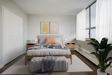 Hamilton apartment for rent - A bedroom with a large bed and a plant.