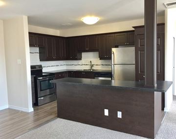 Hamilton apartment for rent - A kitchen with dark brown cabinets and a black oven.
