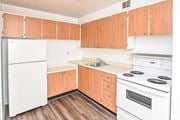 Hamilton apartment for rent - A kitchen with wooden cabinets and white appliances.