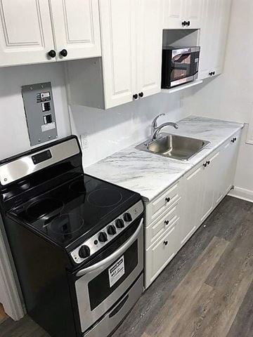 Kitchener apartment for rent - A black stove and oven in a kitchen with white cabinets.