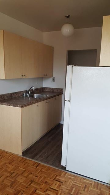 Hamilton apartment for rent - A kitchen with a white fridge and wooden cabinets.