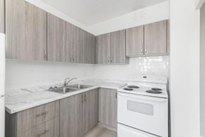 Hamilton apartment for rent - A kitchen with a white stove and sink.
