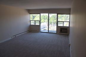 Dundas apartment for rent - A large empty room with a fireplace and sliding glass doors.