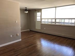 Hamilton apartment for rent - A room with wooden flooring and a window with blinds.