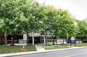 Stoney Creek apartment for rent - A tree-lined street with a fire hydrant and a sign on the sidewalk.