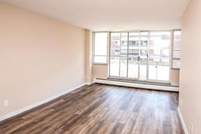 Stoney Creek apartment for rent - Empty room with wooden flooring and large windows.