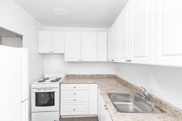Hamilton apartment for rent - A white kitchen with a sink and a stove.