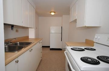 Hamilton apartment for rent - A white kitchen with a stove, sink, and refrigerator.