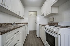 Hamilton apartment for rent - A kitchen with white cabinets and a granite countertop.