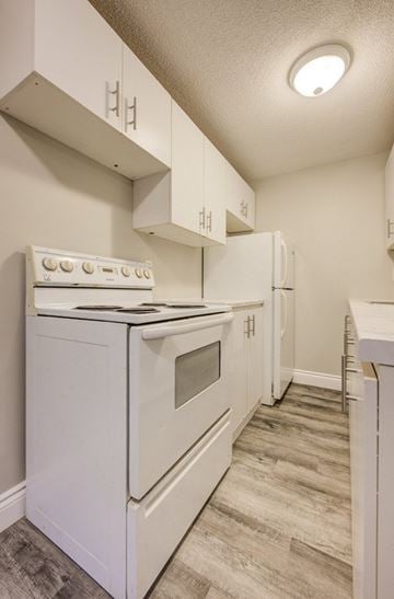 Hamilton apartment for rent - A white stove and oven in a kitchen with wooden flooring.