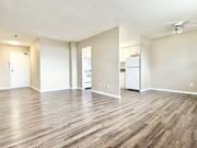 Hamilton apartment for rent - A spacious room with wood flooring and a ceiling fan.