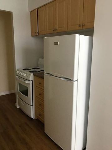 Hamilton apartment for rent - A white refrigerator and stove in a kitchen.
