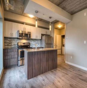 Kitchener apartment for rent - A kitchen with a wooden island and stainless steel appliances.