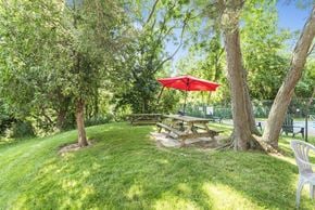 Hamilton apartment for rent - A picnic table is set up under a red umbrella in a grassy area.