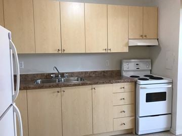 Hamilton apartment for rent - A kitchen with wooden cabinets and a white stove.