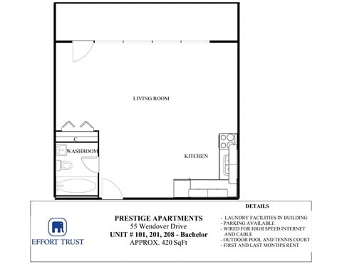Floor plan for studio, 1 bath