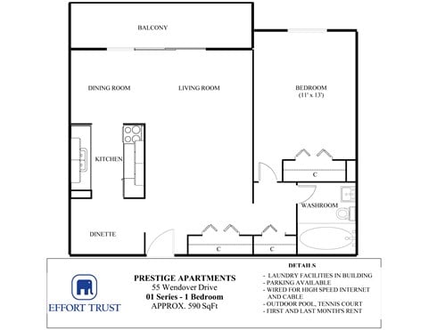 Floor plan for 1 bed, 1 bath, 590 sqft