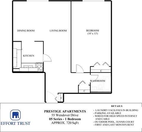 Floor plan for 1 bed, 1 bath, 720 sqft