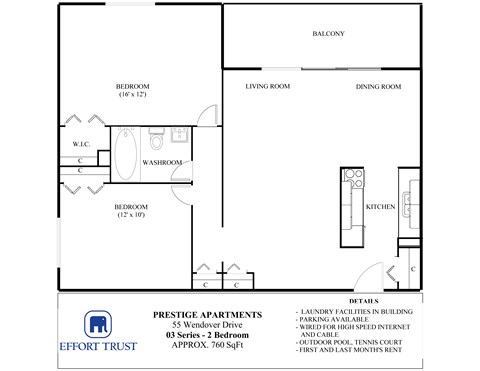 Floor plan for 2 beds, 1 bath, 760 sqft