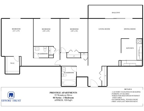 Floor plan for 3 beds, 1 bath