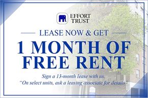 Hamilton apartment for rent - A promotional image for Effort Trust offering a free month of rent for signing a 13-month lease.