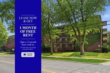 Hamilton apartment for rent - A blue sign offering a free month of rent for signing a 13-month lease.