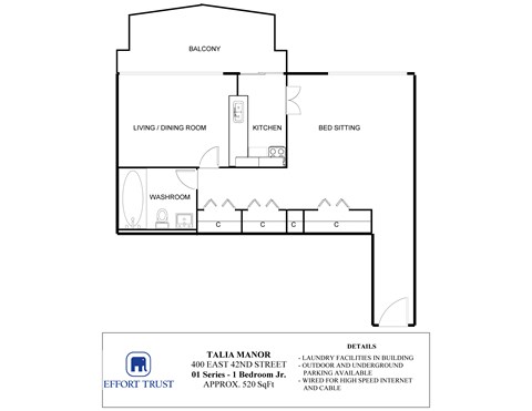 Floor plan for 1 bed, 1 bath, 520 sqft