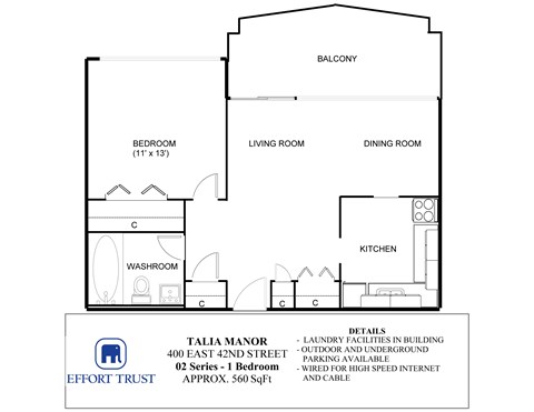 Floor plan for 1 bed, 1 bath, 560 sqft