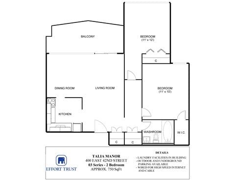 Floor plan for 2 beds, 1 bath, 750 sqft