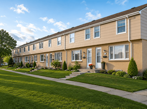 Cobourg apartment for rent - A row of townhouses with green lawns in front.
