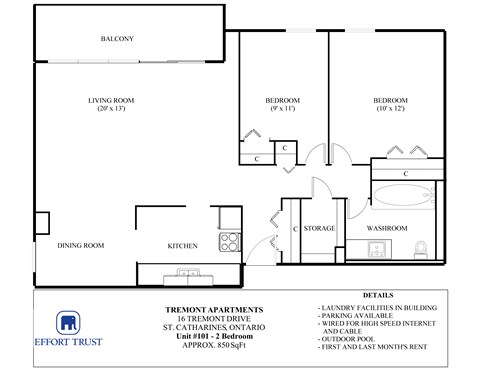 Floor plan for 2 beds, 1 bath, 880 sqft