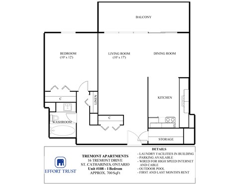 Floor plan for 1 bed, 1 bath, 800 sqft