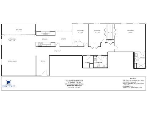 Floor plan for 3 beds, 1 bath