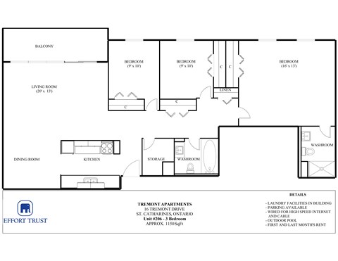 Floor plan for 3 beds, 1 bath, 1150 sqft