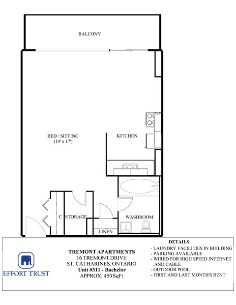 Floor plan for studio, 1 bath, 450 sqft