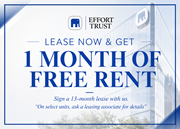 Hamilton apartment for rent - A blue and white advertisement for Effort Trust offering a free month of rent for signing a 13-month lease.