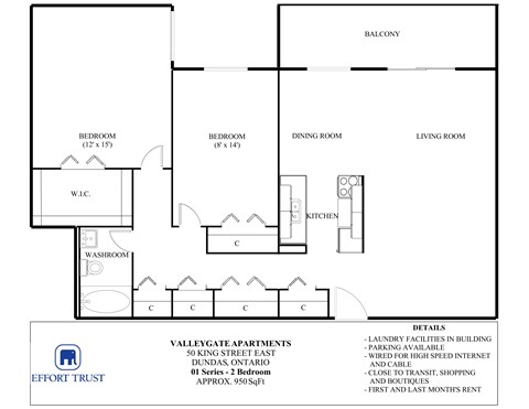 Floor plan for 2 beds, 1 bath