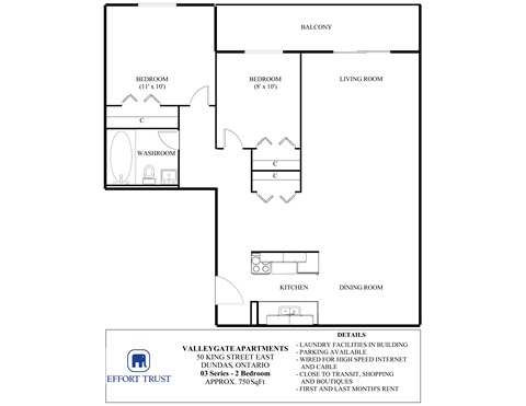 Floor plan for 2 beds, 1 bath, 750 sqft