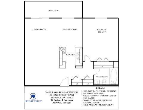 Floor plan for 1 bed, 1 bath, 710 sqft