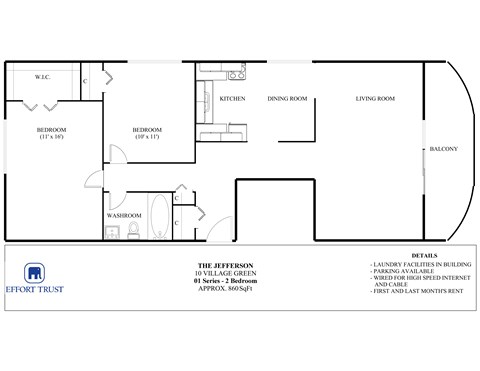 Floor plan for 2 beds, 1 bath, 850 sqft