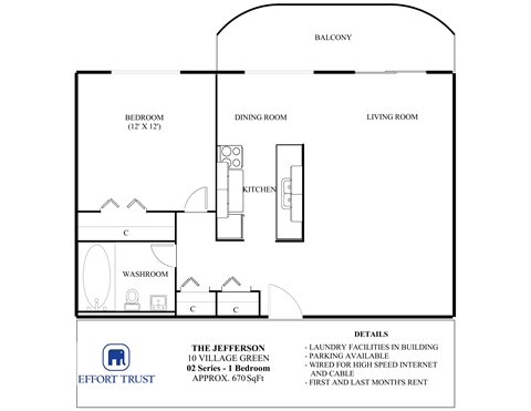 Floor plan for 1 bed, 1 bath, 670 sqft