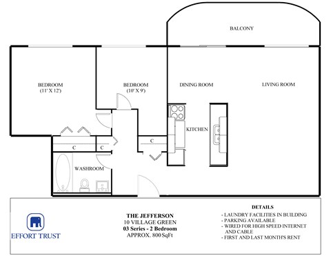 Floor plan for 2 beds, 1 bath, 800 sqft