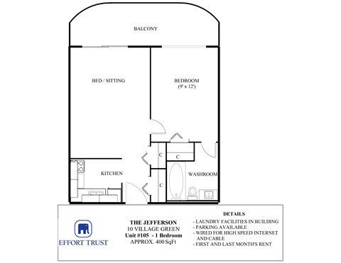 Floor plan for studio, 1 bath