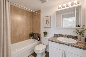 Hamilton apartment for rent - A bathroom with a white toilet, a bathtub, and a sink.