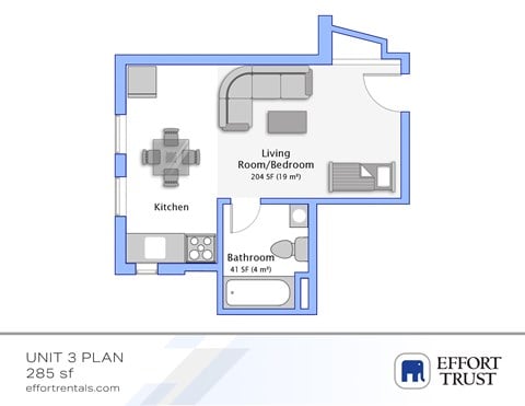 Floor plan for studio, 1 bath, 265 sqft