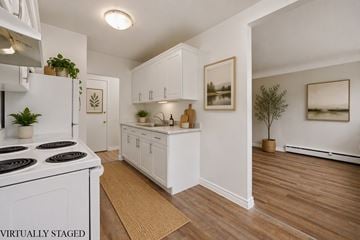Hamilton apartment for rent - A white kitchen with a stove top oven and wooden floors.