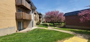 Independence apartment for rent - Apartment building with a green lawn and trees.
