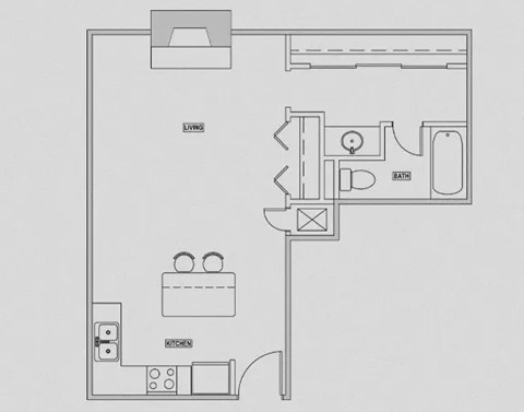 Floor plan for studio, 1 bath, 600 sqft